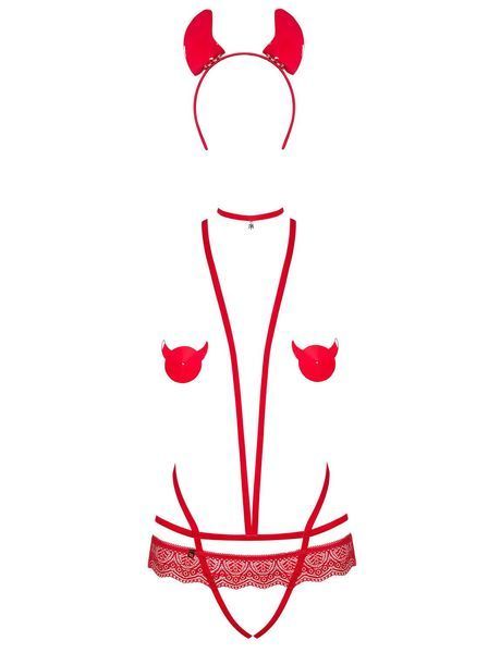 Эротический костюм чертика из стреп Obsessive Evilia teddy red S/M, боди, чокер, накладки на соски, обруч с рожками SO7706 фото
