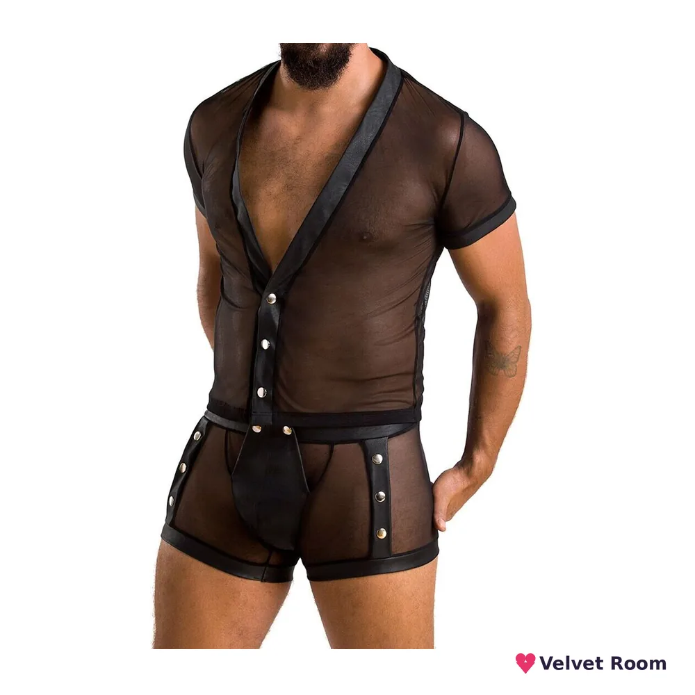 Комплект сітчастої чоловічої білизни Passion 052 SET MICHAEL L/XL black, сорочка, боксери, заклепки