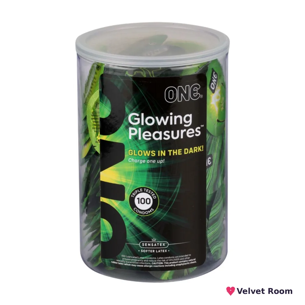 Набір презервативів ONE Glowing Pleasures, 100 шт, світяться в темряві, зі змазкою, паковання-тубус