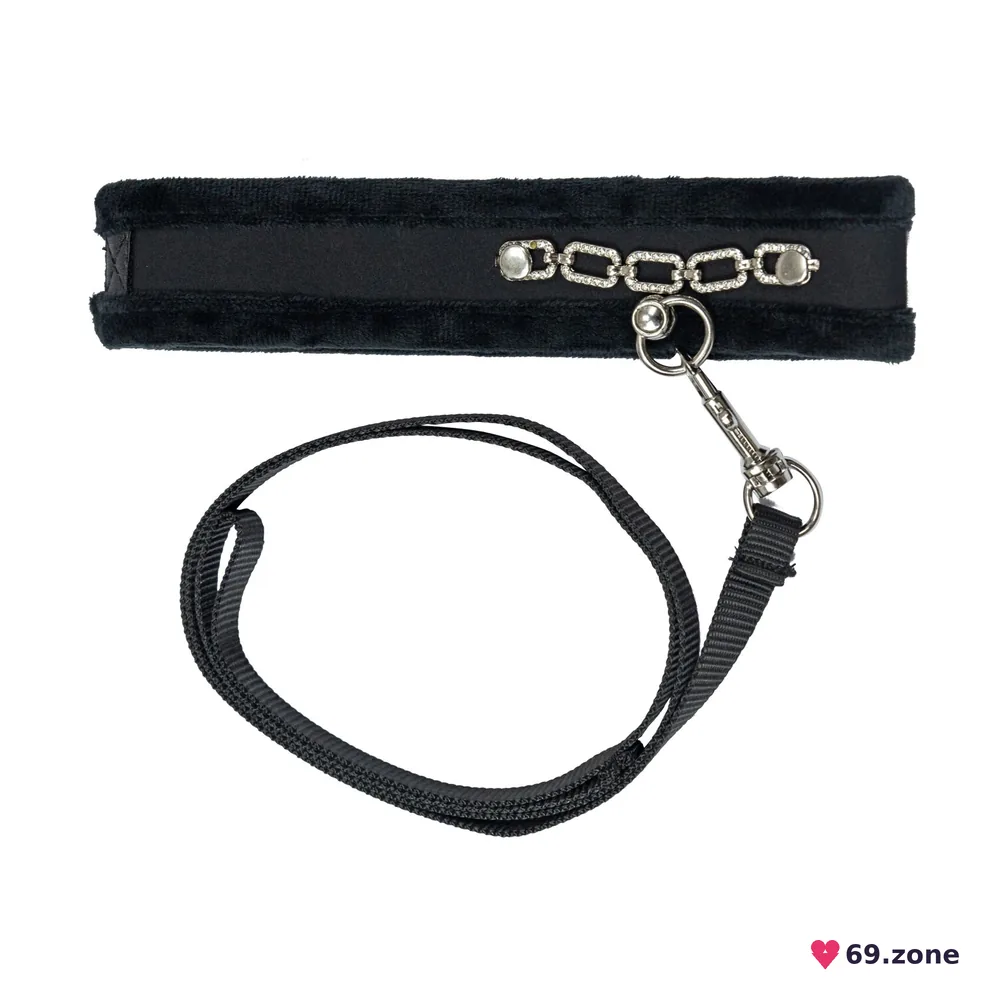Нашийник із повідцем Punishment – Crystal Collar & Leash – Black, оздоблений кристалами, знімний повідець